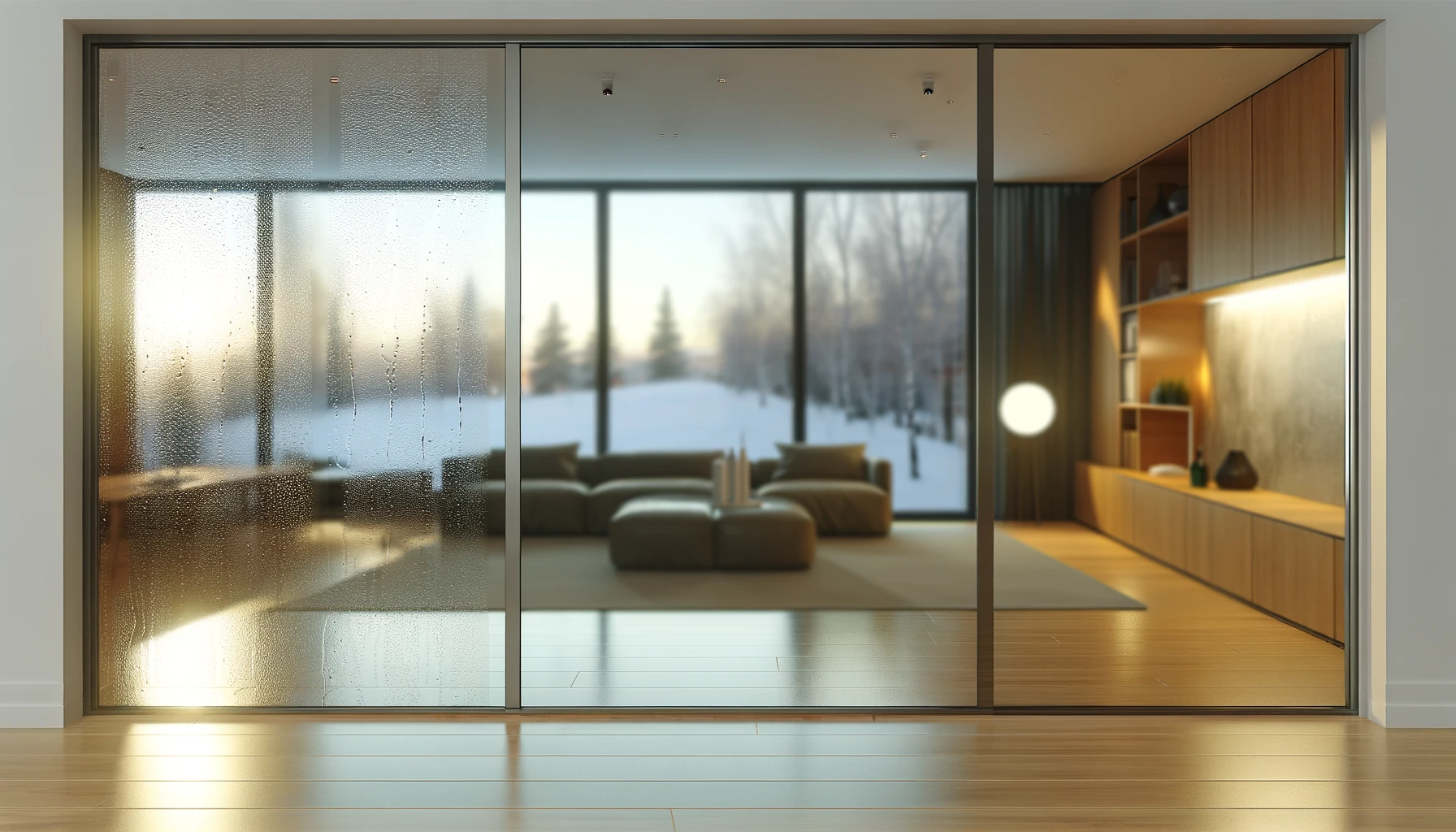 Gouttelettes de condensation sur une vitre — signe classique d'un excès d'humidité intérieure