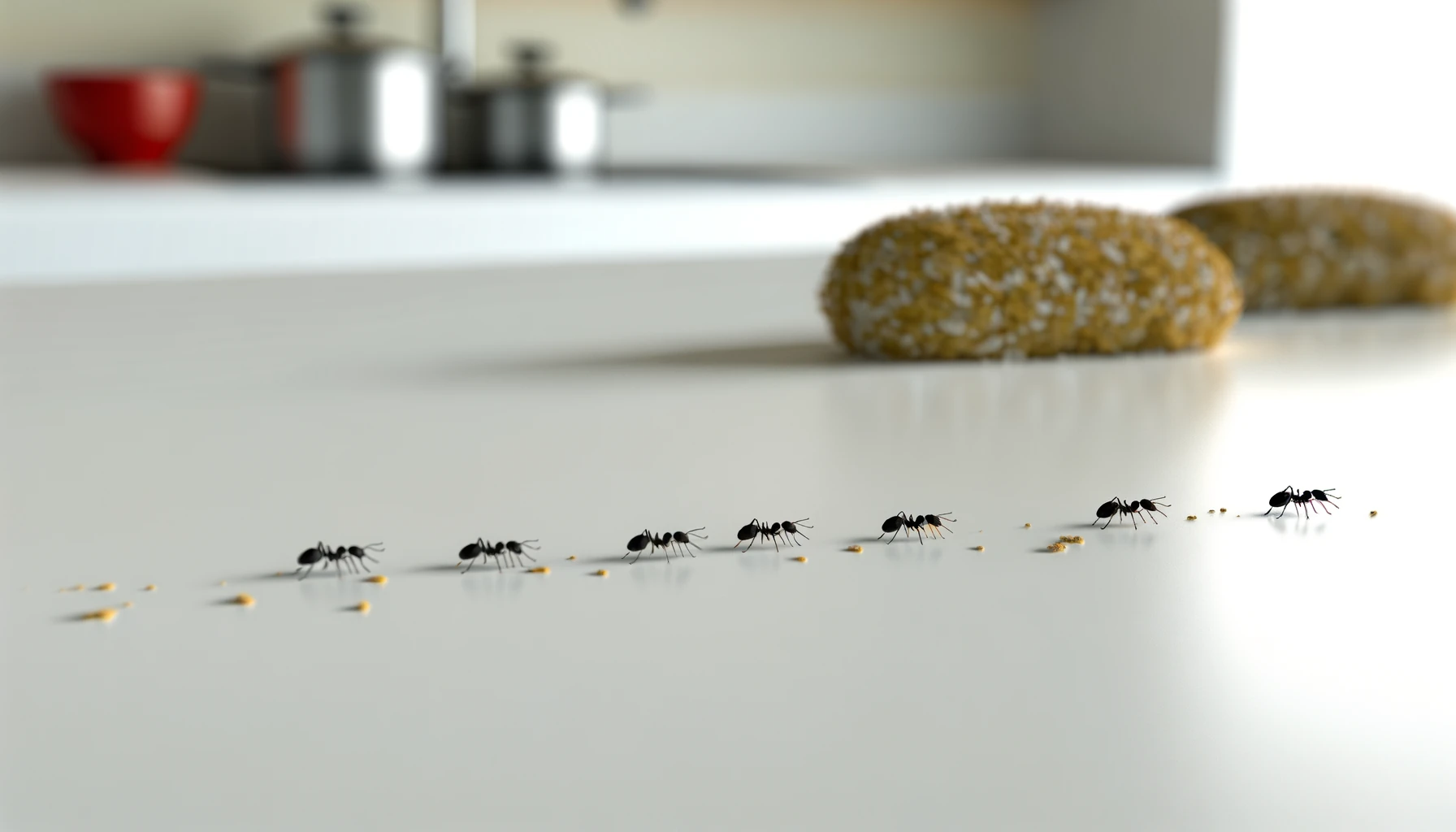 File de fourmis sur un plan de travail de cuisine — signe d'une source de nourriture accessible