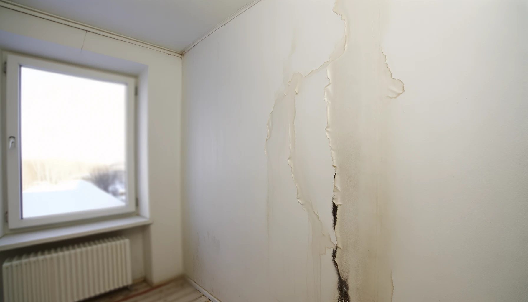 Papier peint qui se décolle sous l'effet de l'humidité persistante dans un mur