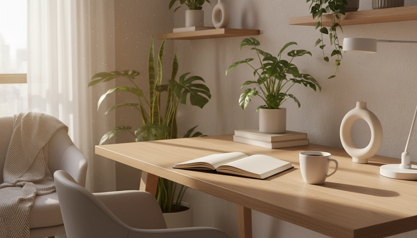 Bureau organisé et serein représentant la pratique quotidienne pour alléger la charge mentale