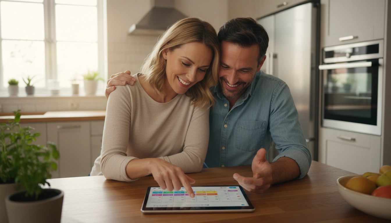 Couple partageant l'organisation familiale autour d'un calendrier commun pour alléger la charge mentale équitablement