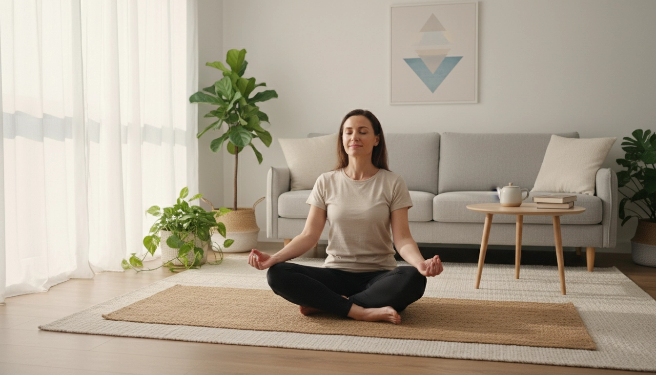 Femme méditant dans un espace épuré, pratiquant des exercices de pleine conscience pour alléger sa charge mentale au quotidien