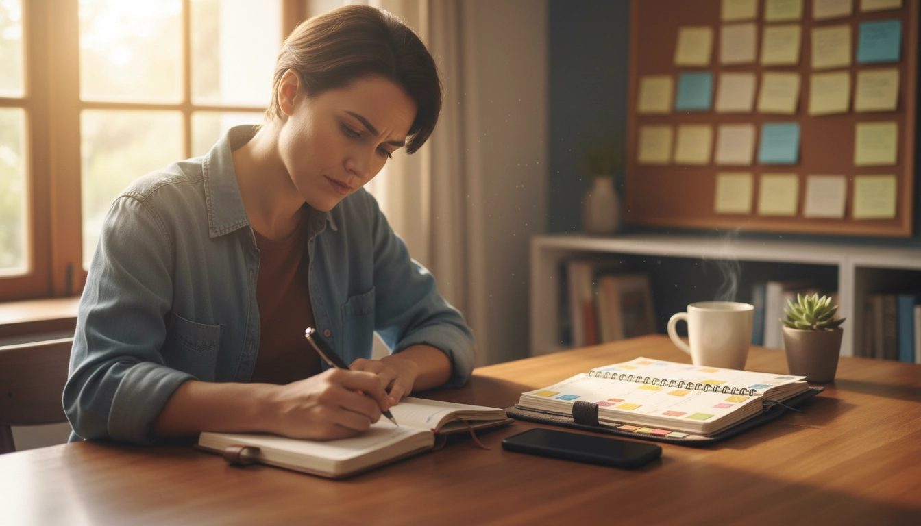 Personne utilisant un carnet et des outils organisationnels pour alléger sa charge mentale durablement et retrouver la sérénité
