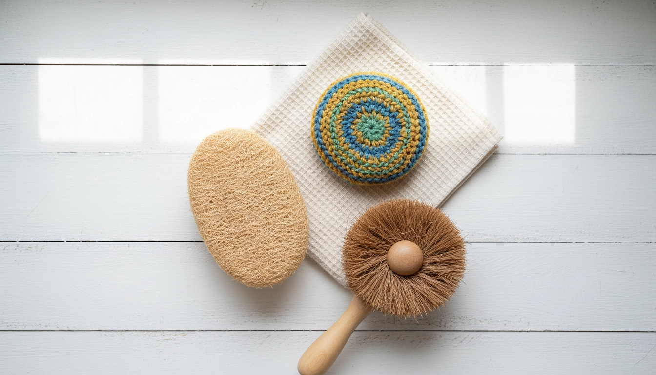 Sélection d'alternatives écologiques aux éponges jetables pour un nettoyage zéro déchet : luffa, tawashi, lavette coton et brosse coco