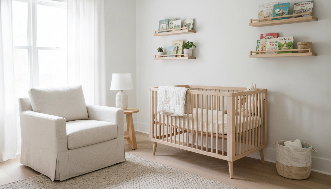 Exemple d'un aménagement chambre bébé pratique et serein avec des meubles en bois clair.