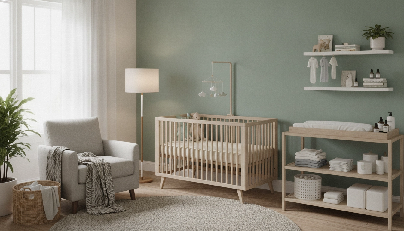 Un aménagement chambre bébé pratique et serein avec des tons neutres et du mobilier en bois naturel.