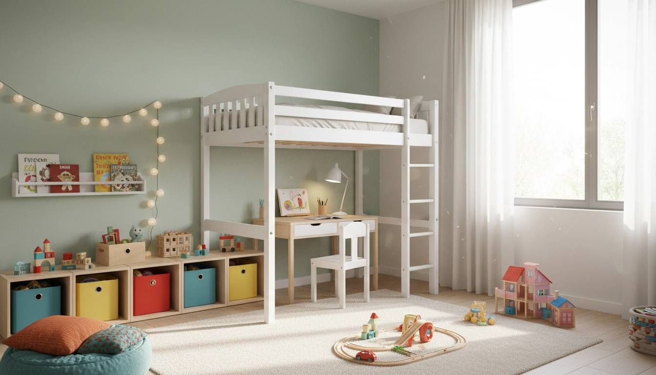 Aménagement chambre enfant fonctionnel avec lit mezzanine, rangements colorés et coin bureau intégré