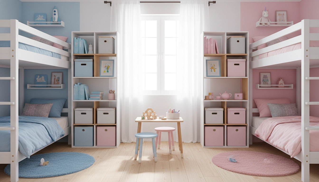 Chambre partagée pour deux enfants avec zones personnalisées et lits superposés bien organisés