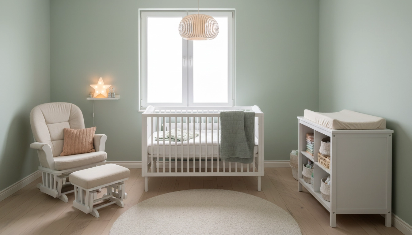 Chambre de bébé sécurisée et sereine avec lit à barreaux, table à langer et fauteuil d'allaitement bien disposés