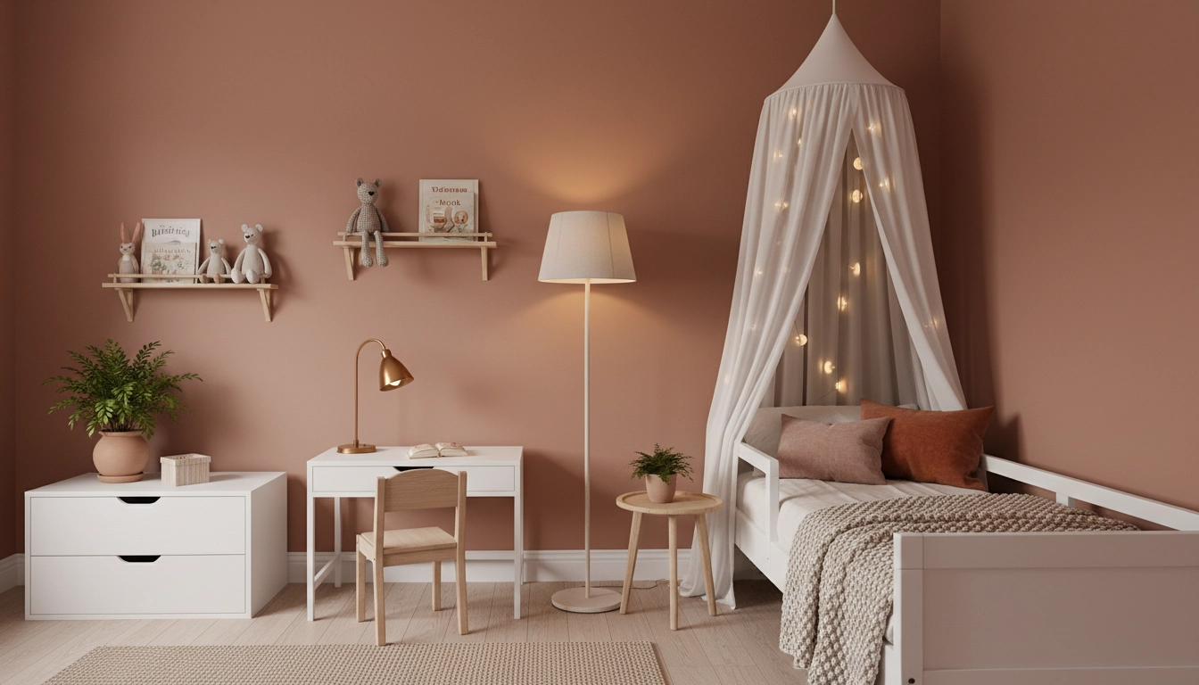Chambre d'enfant lumineuse avec palette de couleurs douces en terracotta et éclairage chaleureux stratifié