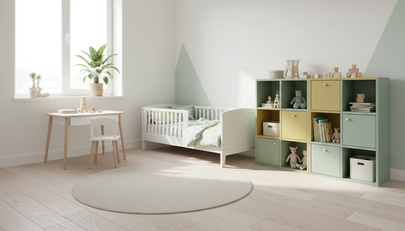 Exemple d'aménagement chambre enfant évolutif avec lit transformable et rangements modulables
