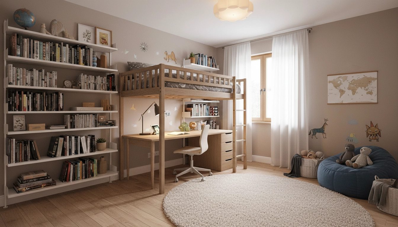 Chambre enfant avec lit mezzanine, bureau intégré et étagères ajustables pour un espace évolutif