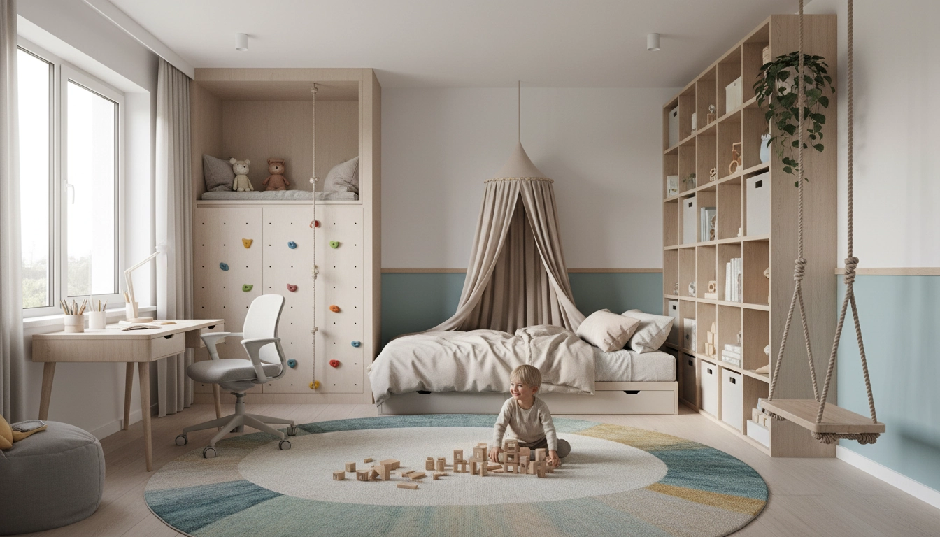 Chambre d'enfant moderne avec aménagement chambre enfant fonctionnel, lit mezzanine, coin bureau et rangements colorés