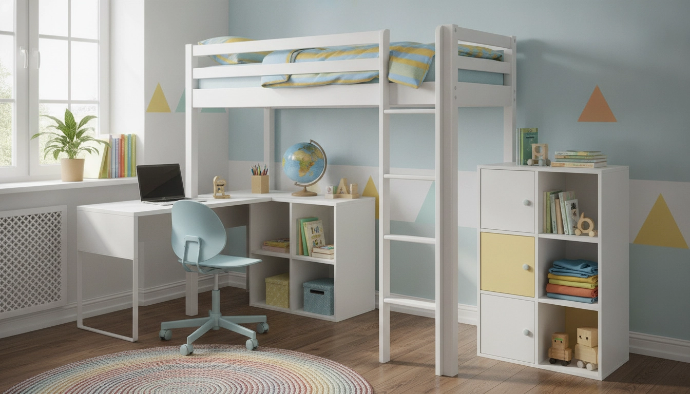 Aménagement chambre enfant optimisation petits espaces meubles multifonctionnels avec lit mezzanine et bureau.