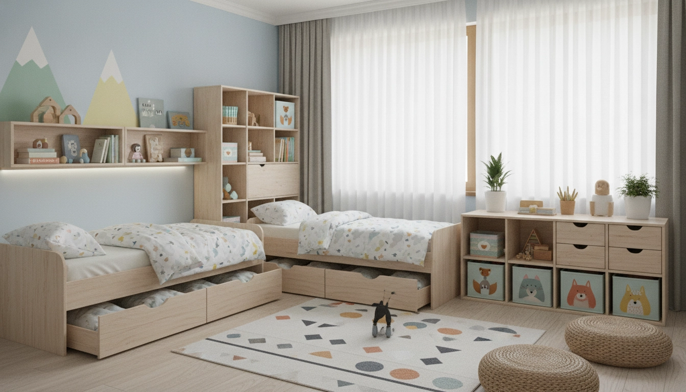 Aménagement réussi d'une chambre enfant partagée avec des solutions de rangement intelligentes.