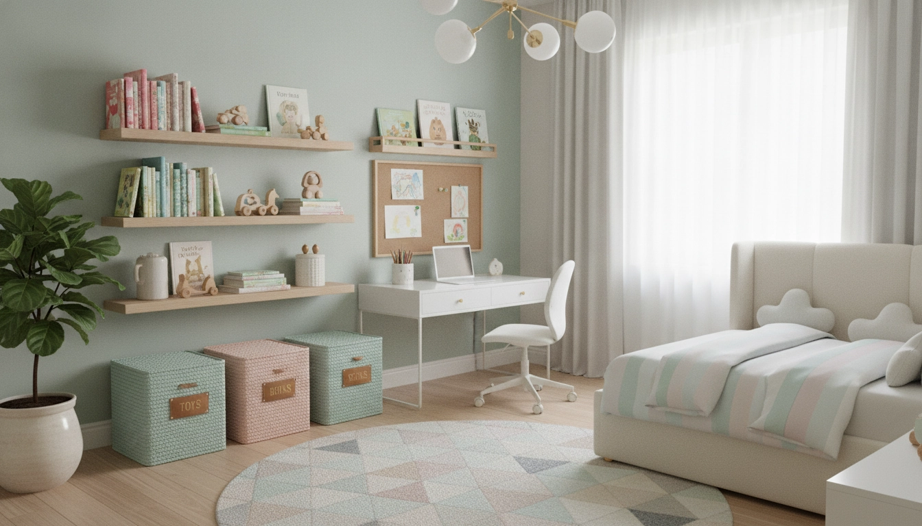 Organisation efficace des jouets et des livres dans une petite chambre enfant bien optimisée.