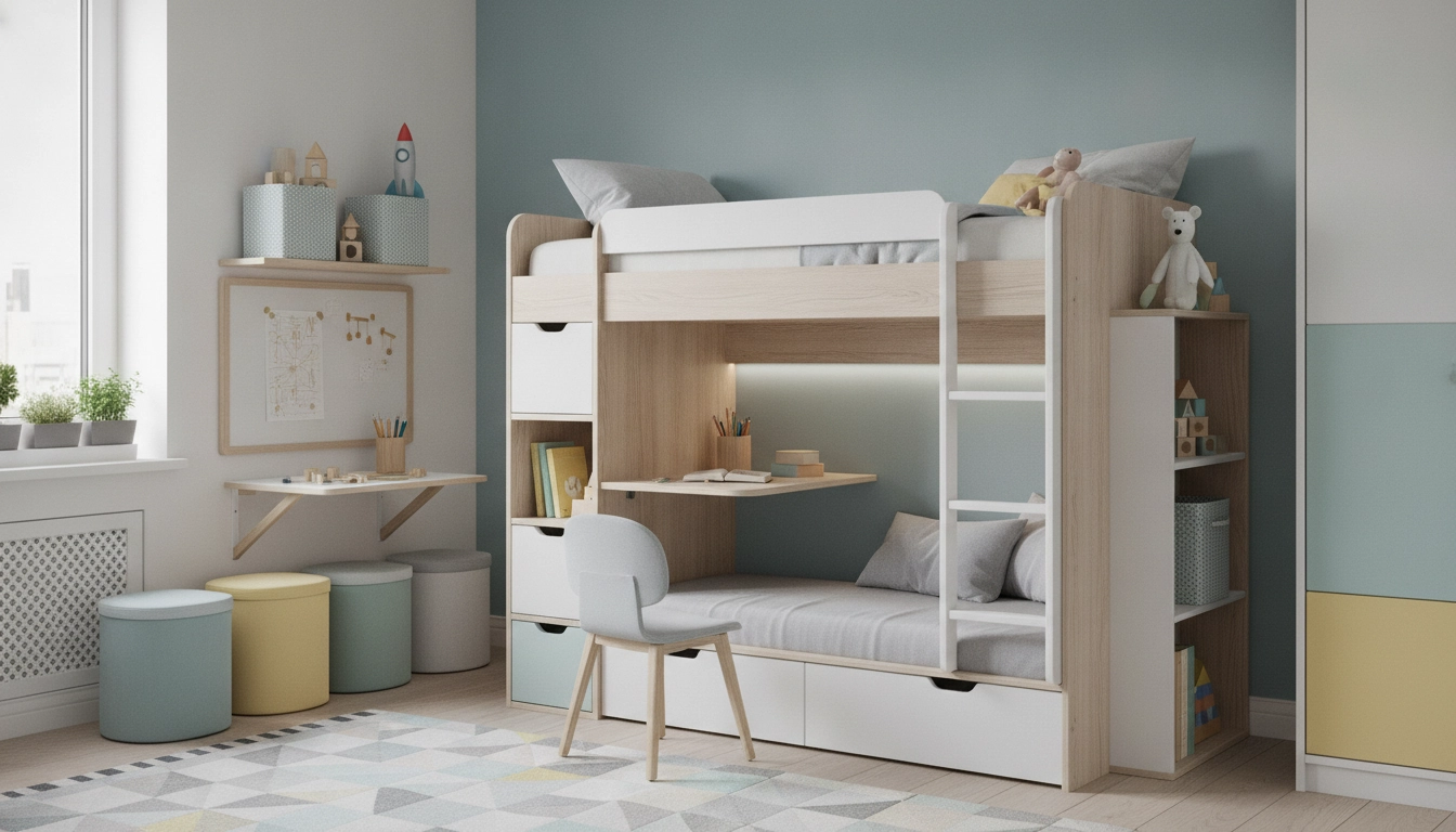 Aménagement chambre enfant optimisation petits espaces meubles multifonctionnels dans une pièce moderne et lumineuse.
