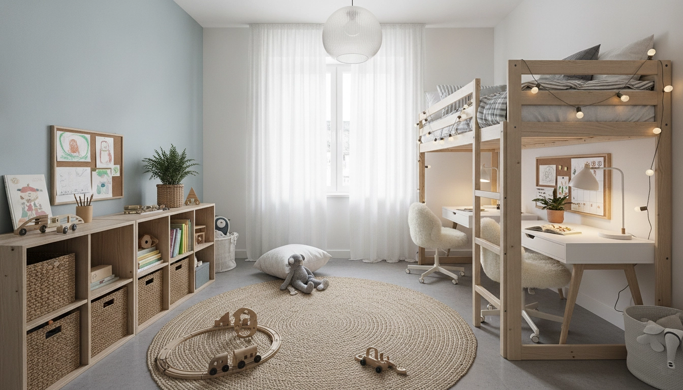 Aménagement chambre enfant partagée deux enfants moderne et lumineux.