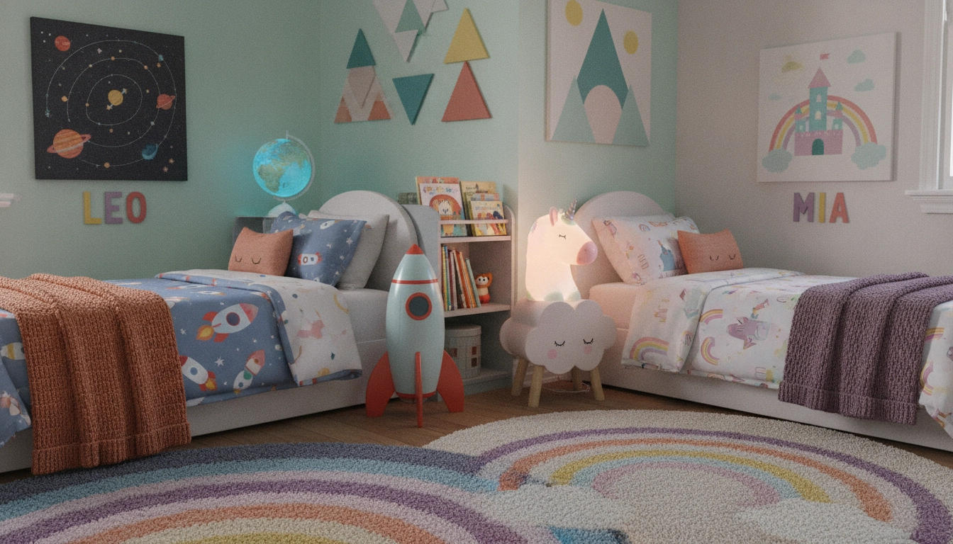 Détails de décoration personnalisée pour un aménagement chambre enfant partagée deux enfants.