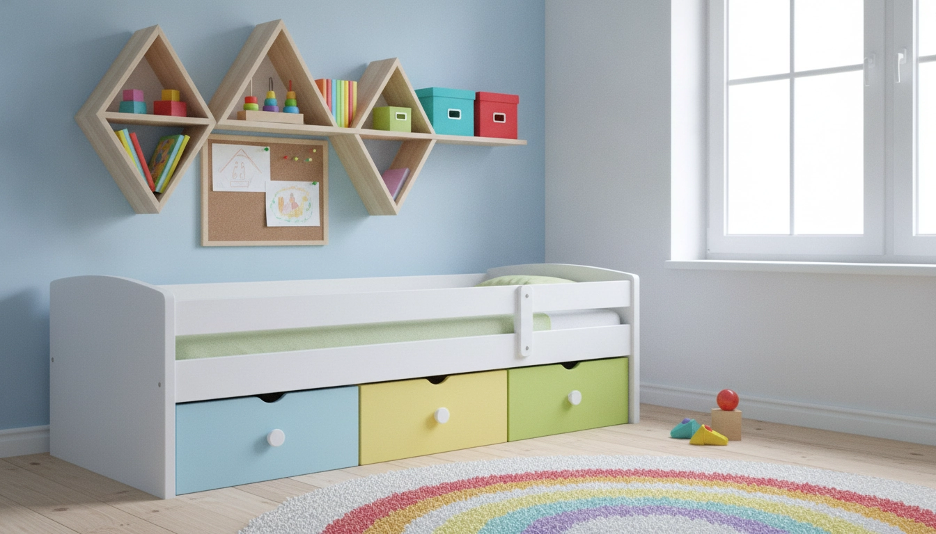 Solutions de rangement astucieuses pour un aménagement chambre enfant partagée deux enfants.