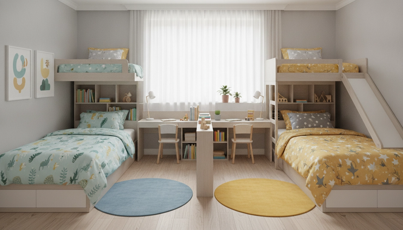 Aménagement chambre enfant partagée deux enfants avec lits superposés et zones de jeux distinctes.