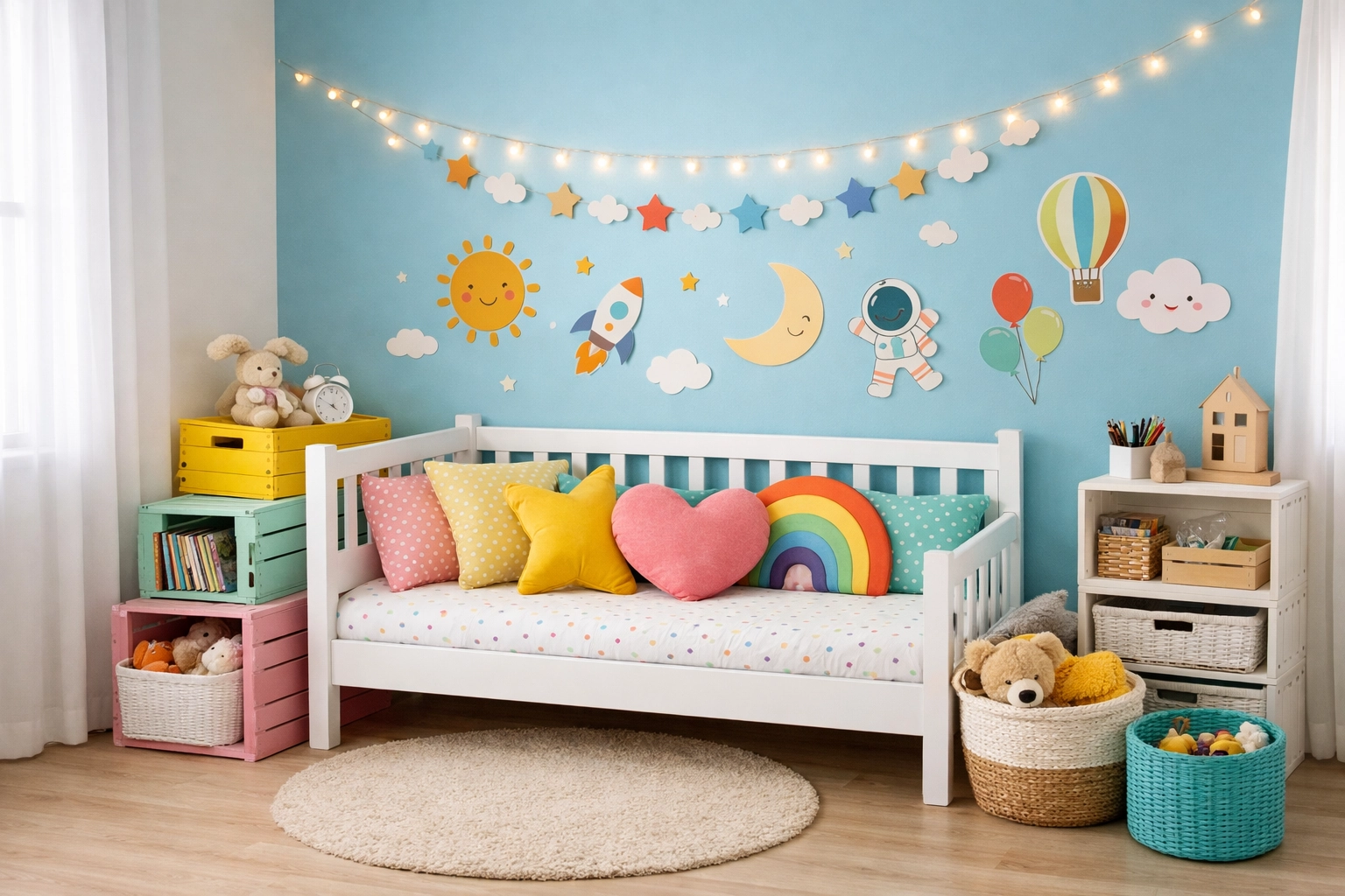 Chambre enfant aménagée avec aménagement chambre enfant petit budget : lit blanc, coussins colorés, stickers muraux et rangements DIY peints