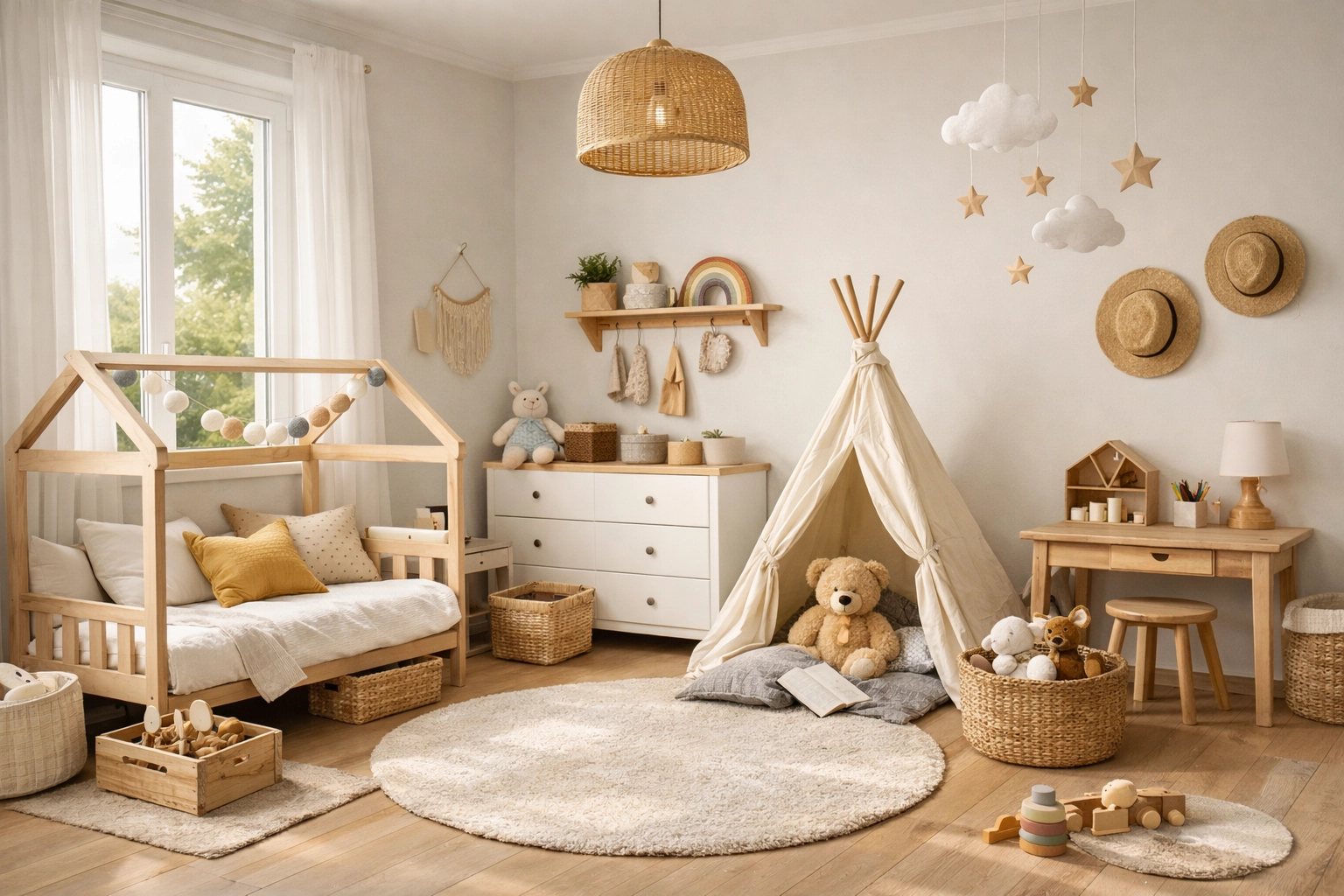 Chambre d'enfant aménagée avec petit budget, décorée avec des posters colorés et des coussins
