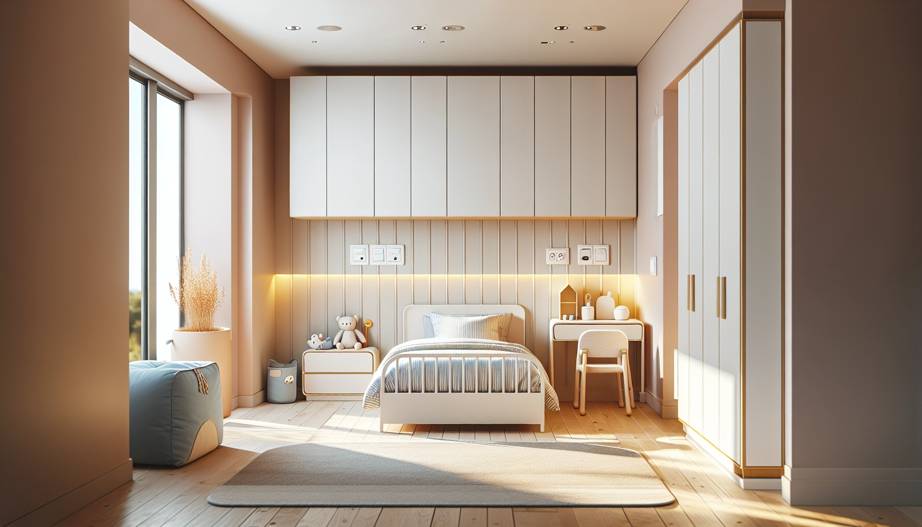 Chambre enfant moderne et sécurisée illustrant un aménagement chambre enfant sécurité avec meubles fixés, prises protégées et barrière de lit