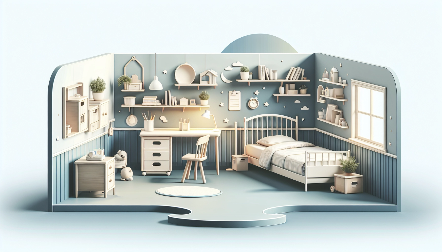 Chambre enfant sécurisée avec meubles fixés au mur, prises protégées et sol souple pour un aménagement chambre enfant sécurité optimal