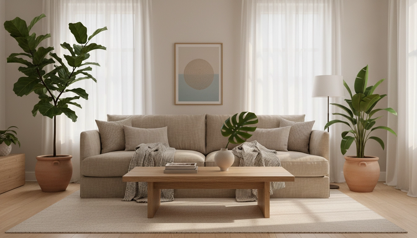 Aménagement intérieur harmonieux avec canapé en lin beige, table basse en chêne et plantes tropicales