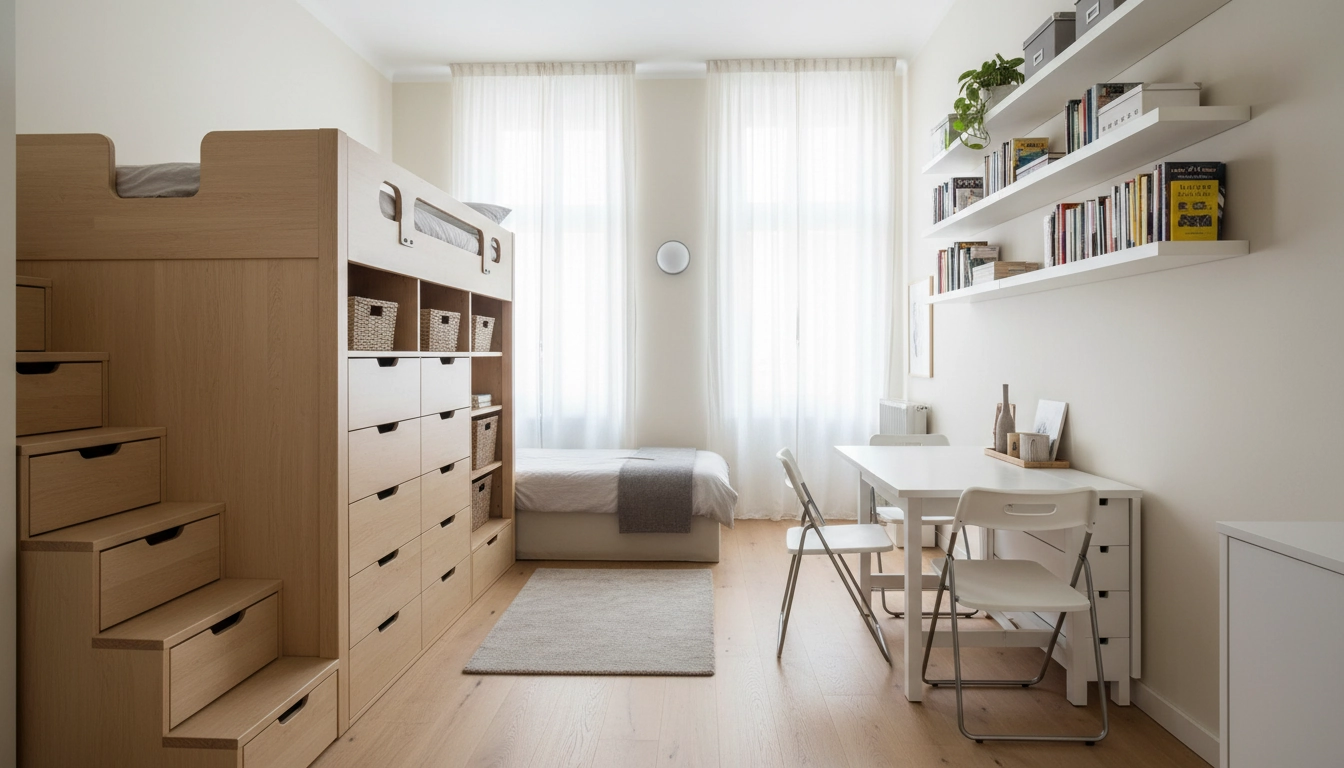 Petit espace studio optimisé avec lit mezzanine, rangements intégrés et table pliante