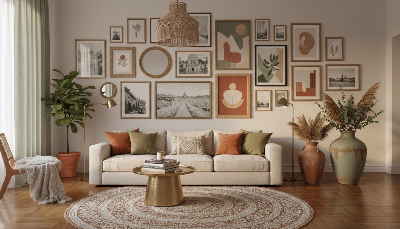Décoration murale originale avec galerie de cadres mélangés dans un salon bohème moderne
