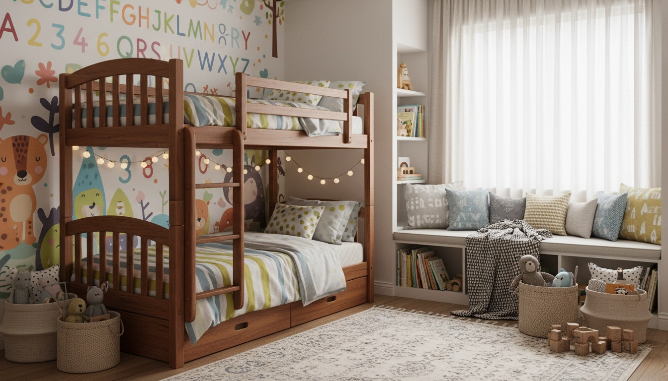 Chambre d'enfant aménagée avec lit superposé en bois, coin lecture et rangements colorés