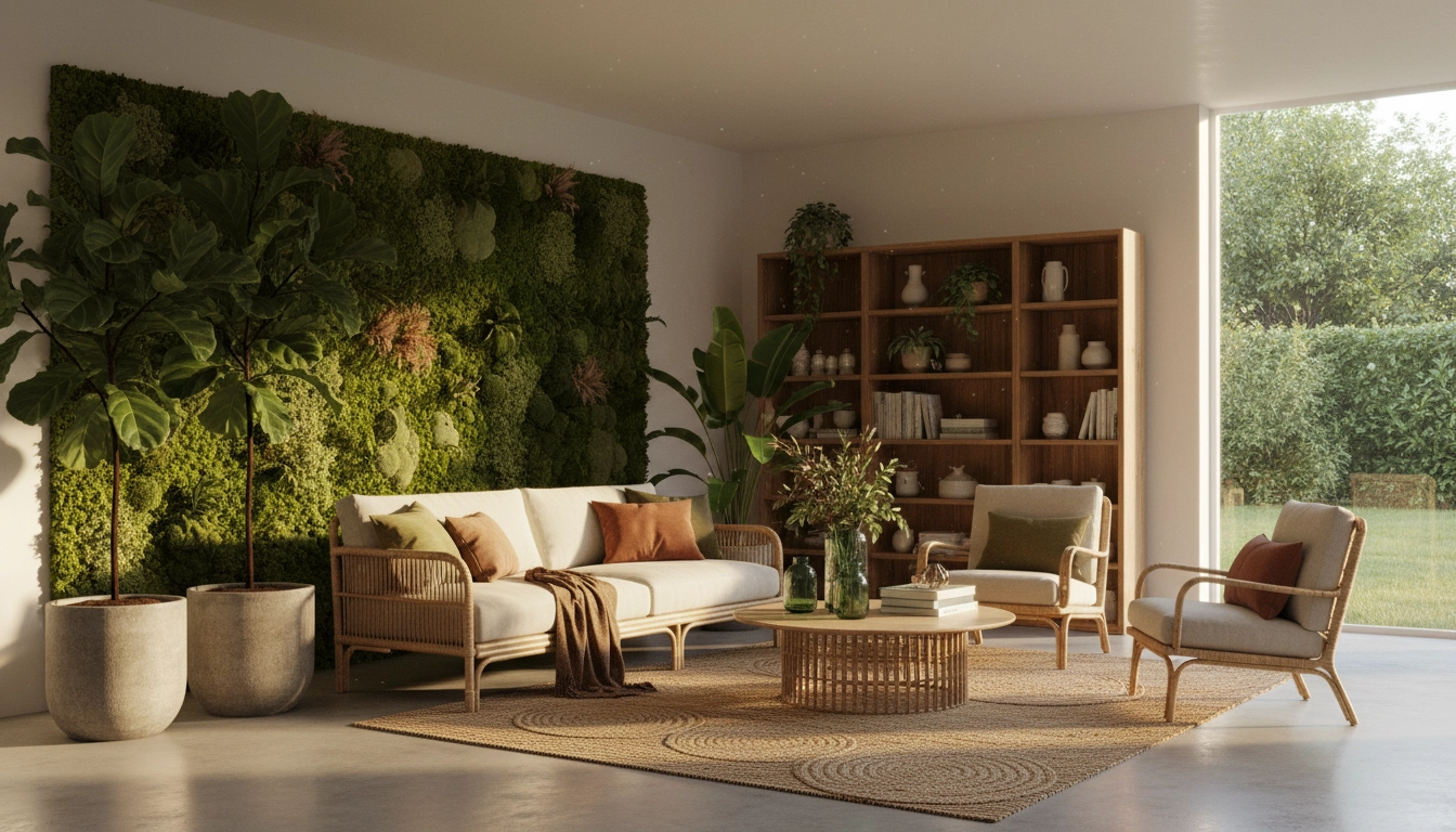 Aménagement intérieur biophilique avec mur végétal, plantes monstera et mobilier en rotin naturel