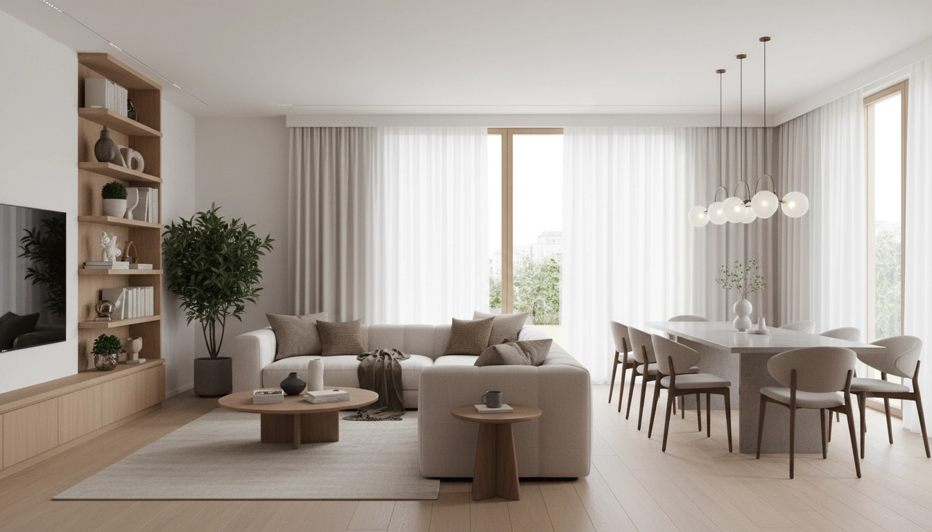 Aménagement intérieur élégant et harmonieux avec canapé beige, plantes vertes et lumière naturelle