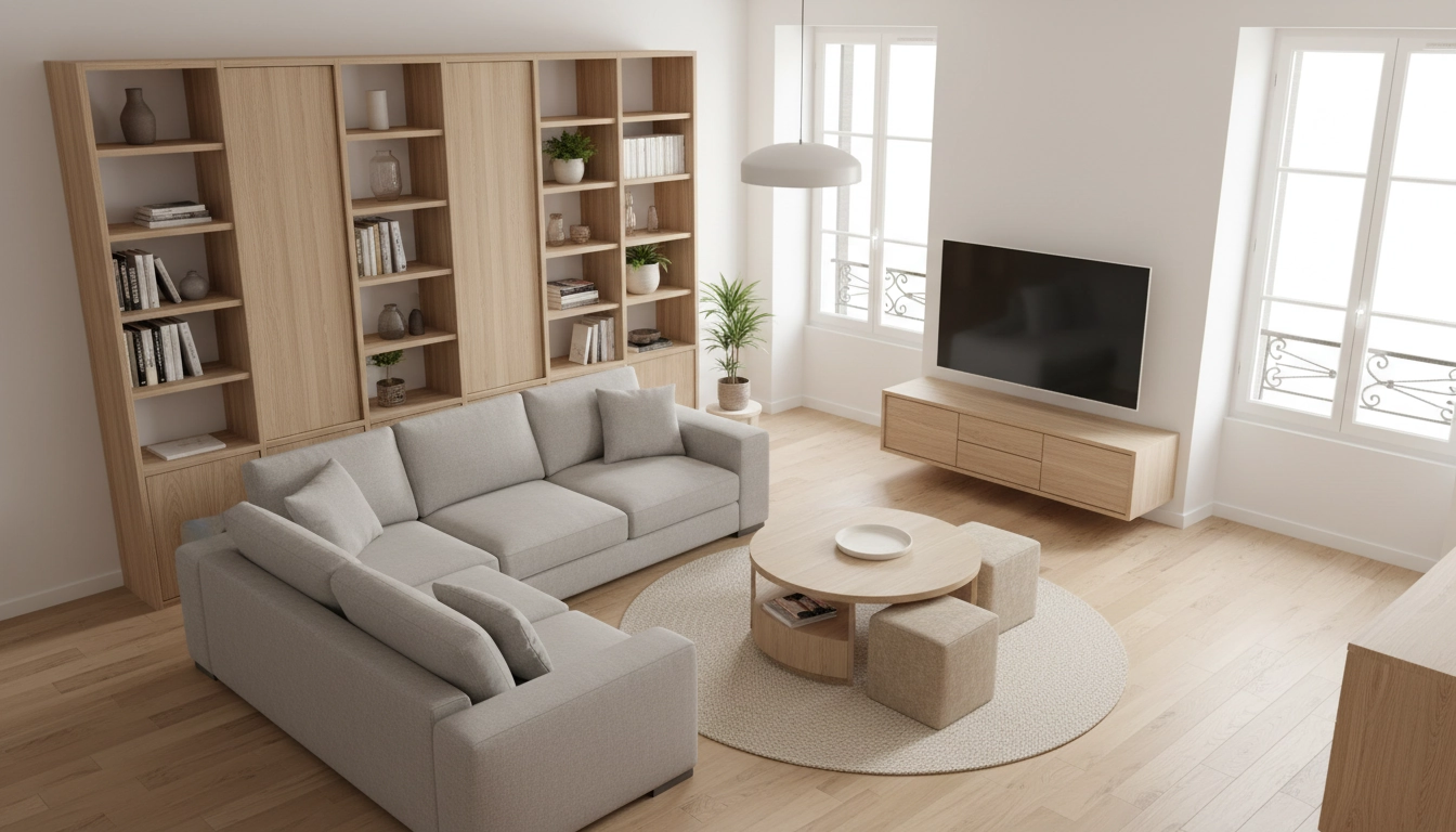 Aménagement salon fonctionnel avec rangements intégrés et canapé modulable en gris clair
