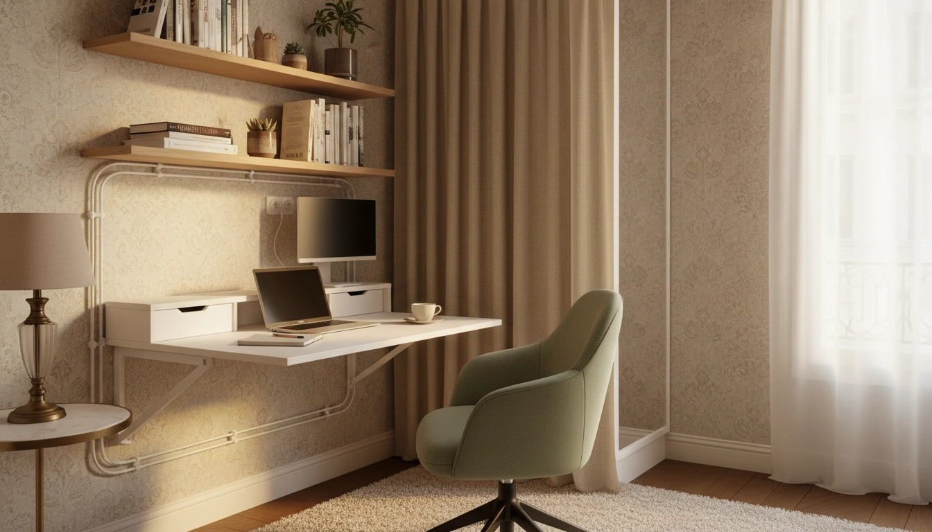 Coin bureau télétravail intégré dans un salon fonctionnel avec bureau escamotable mural
