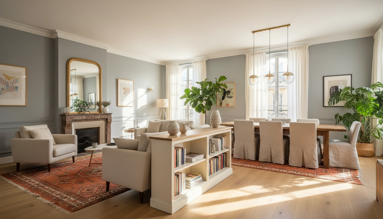 Délimitation élégante des espaces dans un salon salle à manger ouvert avec tapis et bibliothèque basse