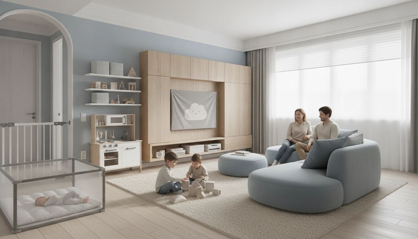 Un salon familial moderne et sécurisé avec des rangements astucieux pour un aménagement salon fonctionnel famille enfants réussi.