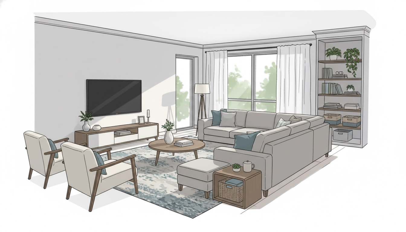 Aménagement salon fonctionnel avec canapé modulable, rangements intégrés et éclairage naturel