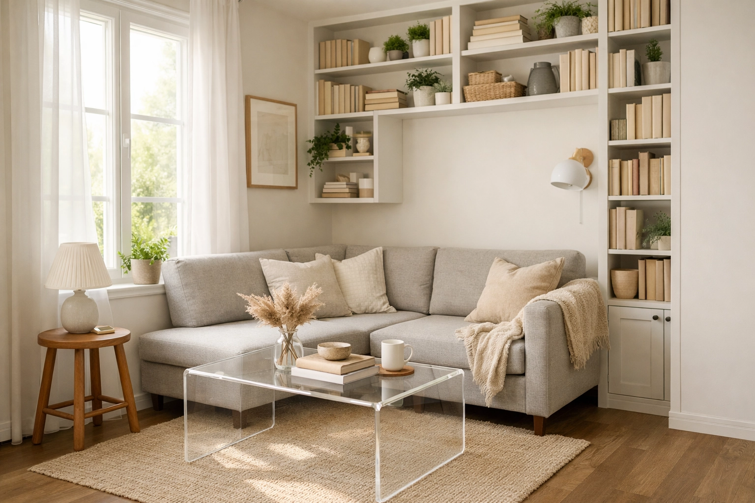 Exemple d'aménagement salon fonctionnel petit espace avec canapé compact et rangements muraux