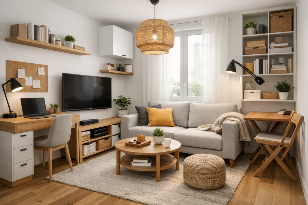 Petit salon moderne avec aménagement fonctionnel et optimisé pour les petits espaces