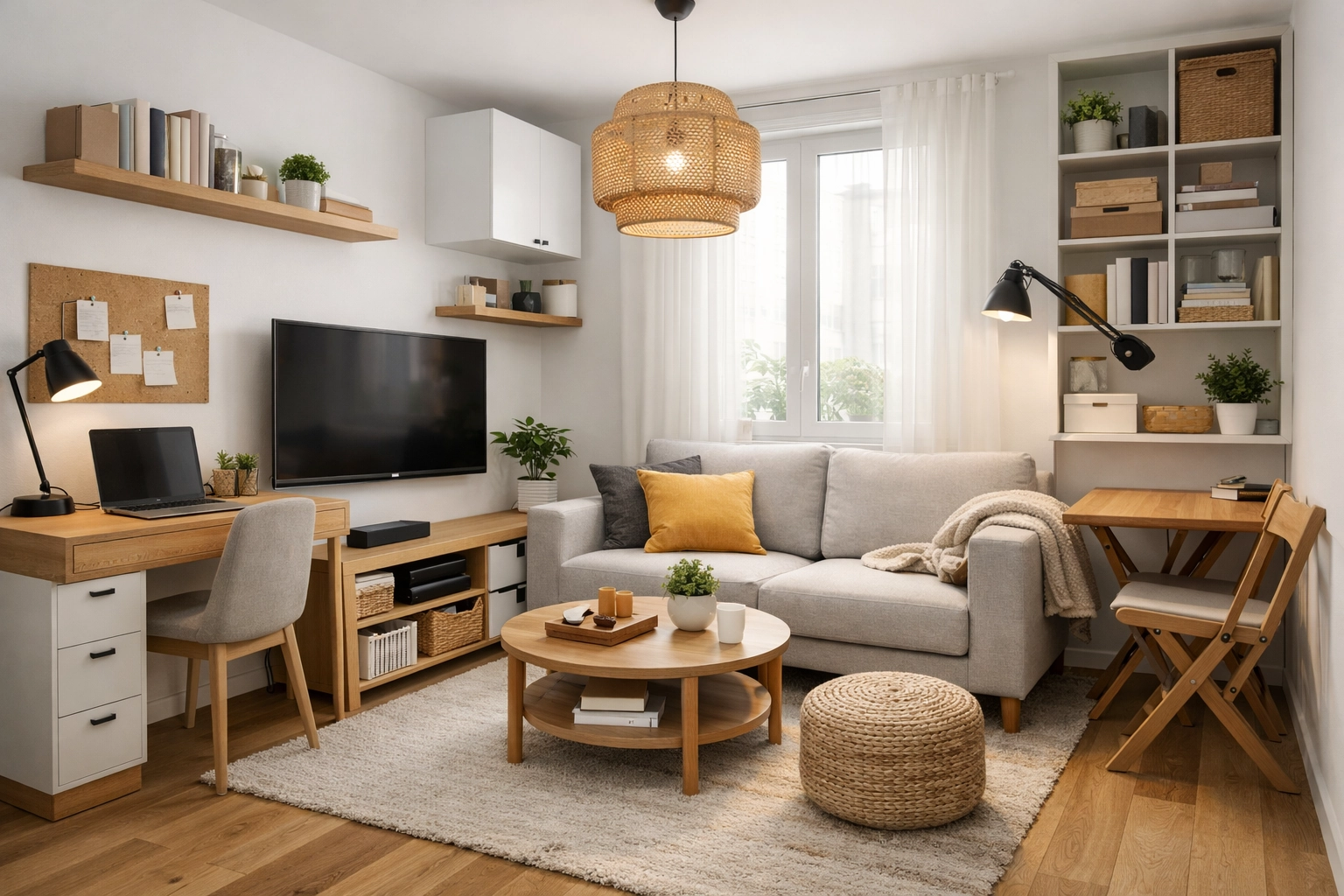 Petit salon moderne avec aménagement fonctionnel et optimisé pour les petits espaces