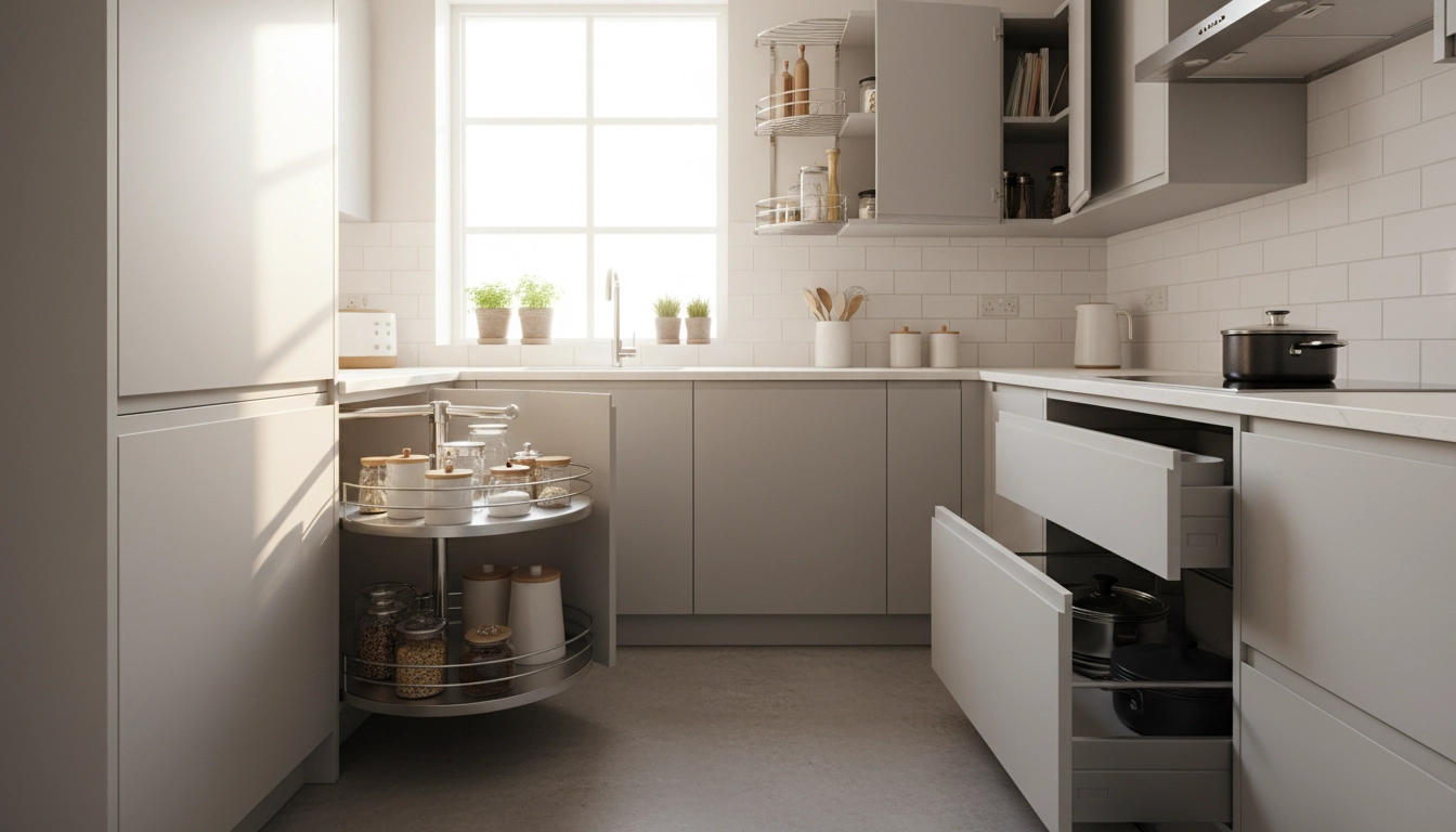 Solution pour aménager les coins perdus d'une petite cuisine avec un plateau tournant dans un meuble d'angle