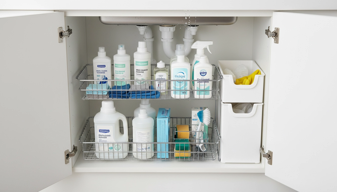 Organisation de l'espace sous l'évier d'une petite cuisine avec des paniers coulissants sur rail