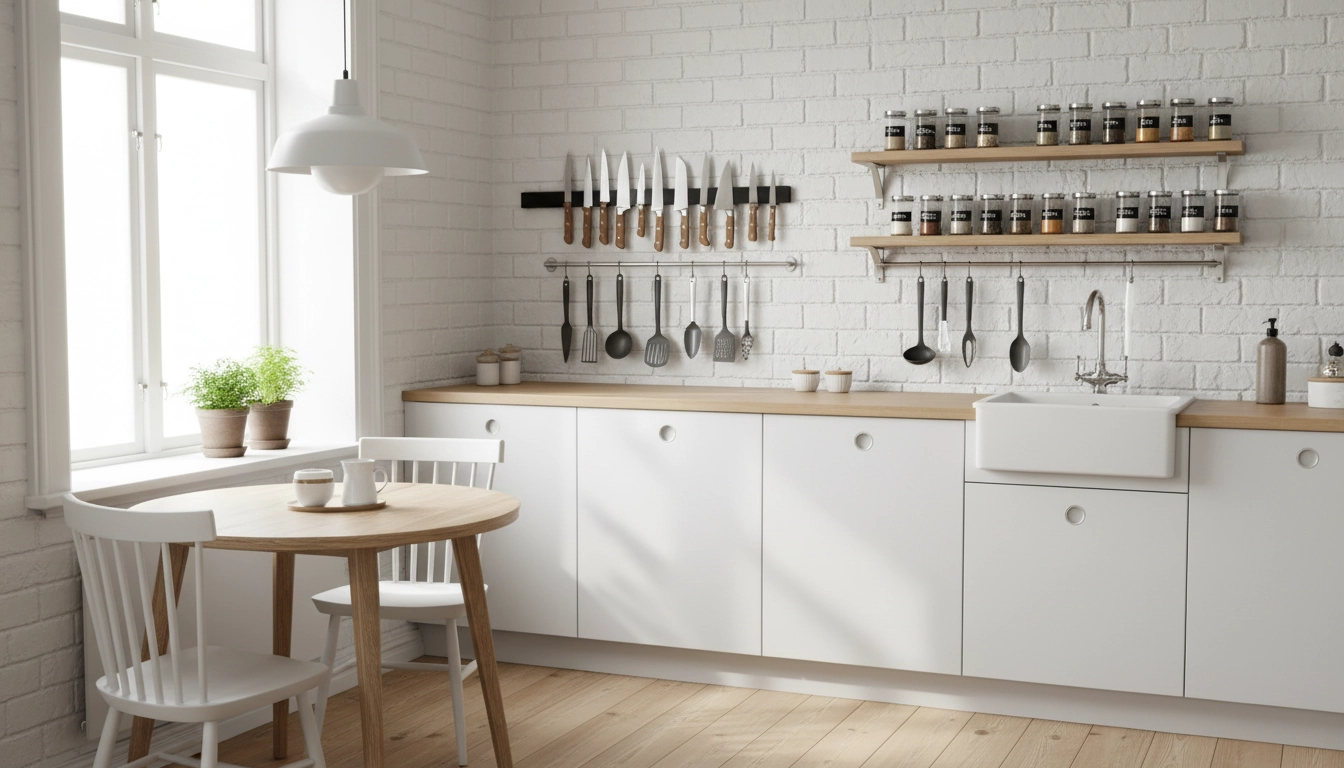 Rangement mural avec barre à couteaux magnétique et crochets inox dans une petite cuisine optimisée