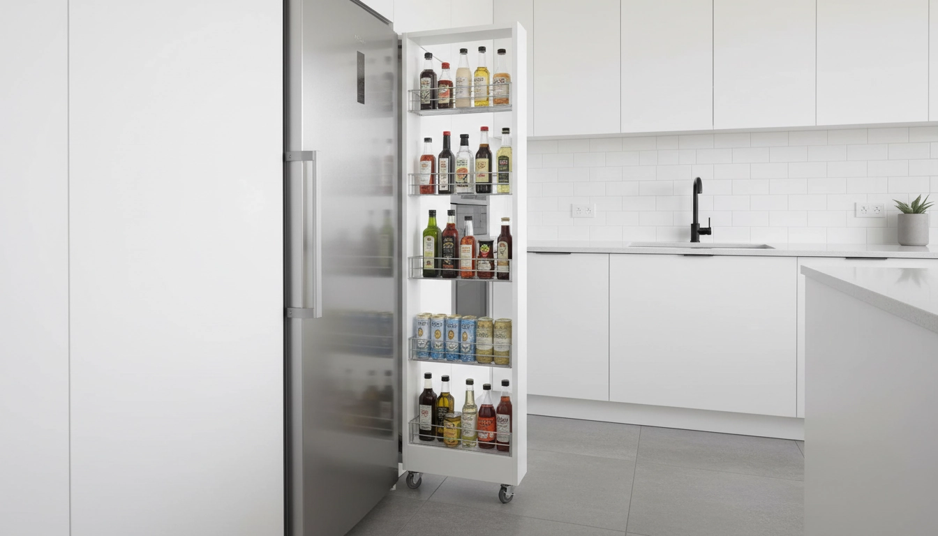 Colonne de rangement coulissante entre le réfrigérateur et le mur pour aménager les coins perdus petite cuisine