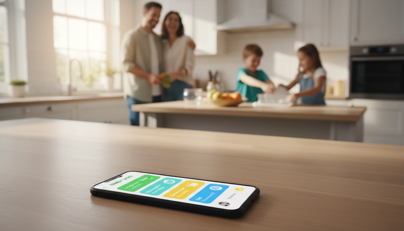 Interface sur smartphone montrant des applications gestion tâches ménagères famille en action.