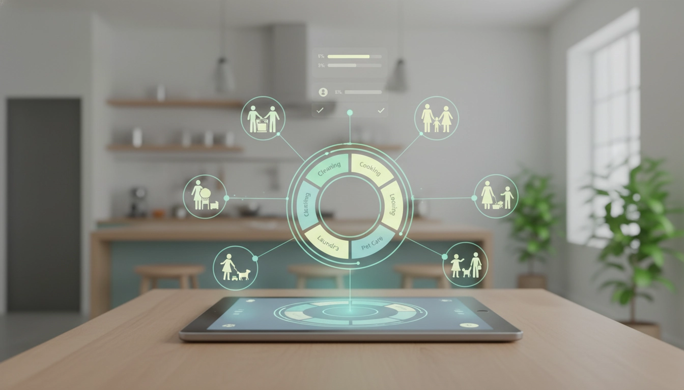 Smartphone affichant une application de gestion des tâches ménagères posé sur une table familiale.
