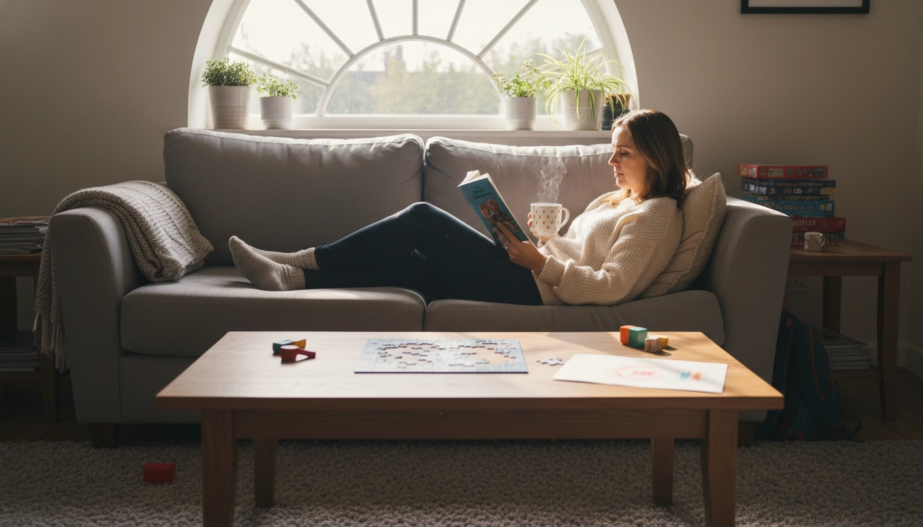 Maman sereine appliquant des astuces alléger charge mentale maman au foyer dans son salon